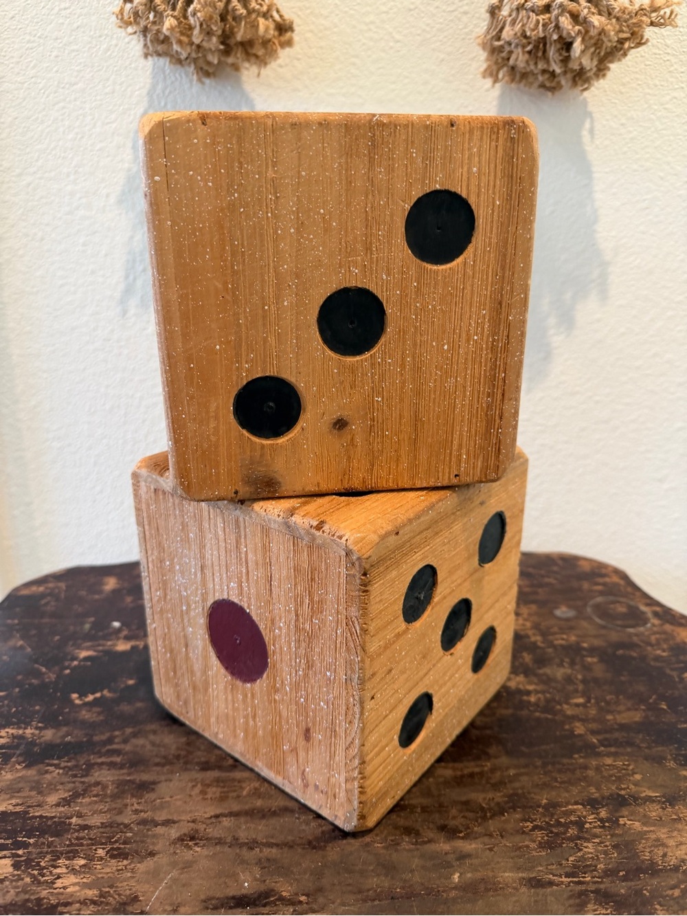 Wooden Decorative Dice - Natural Wood with Black and Purple Pips